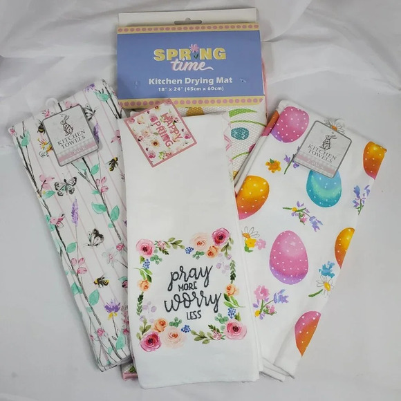 Easter Spring Time Kitchen Drying Mat 18"x24" & 3- 2 Pack Kitchen Towels New - Picture 1 of 10